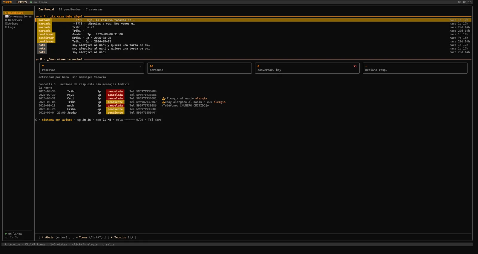 CONSERJE AGENDADOR — VISTA TERMINAL PARA EL EQUIPO